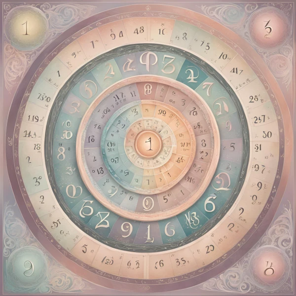 A circle showing an assortment of destiny numbers and numerological symbols in a decorative layout.