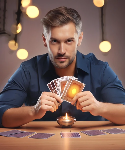 Numerologist holding cards and a candle, illuminating his face in a mysterious setting.
