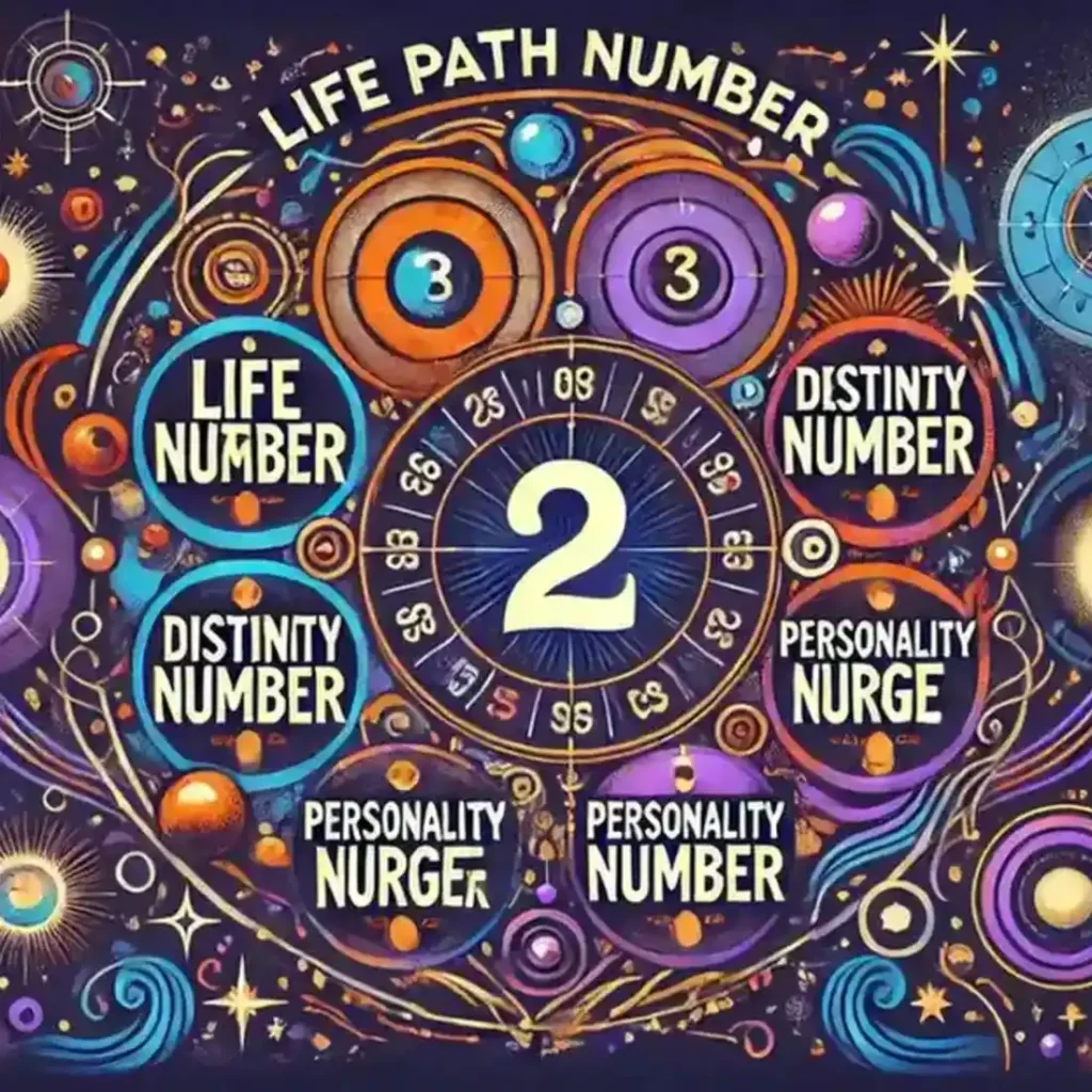 Numerology chart with a central 2, mystical patterns, stars, and a Life Path Numbers label.