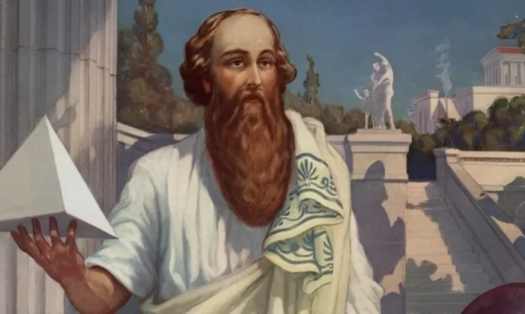 Painting of Pythagoras holding a pyramid, blending human form and geometry