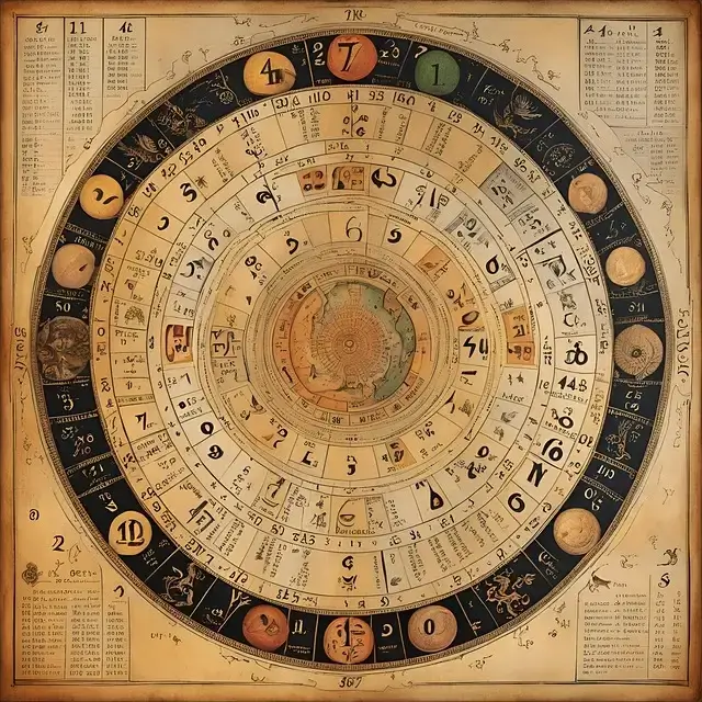 Vintage astrological chart with zodiac signs, numbers, and symbols on aged parchment.