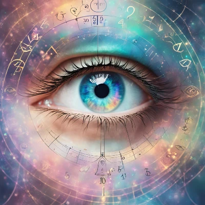 Zodiac eye illustration with astrological symbols and celestial elements.